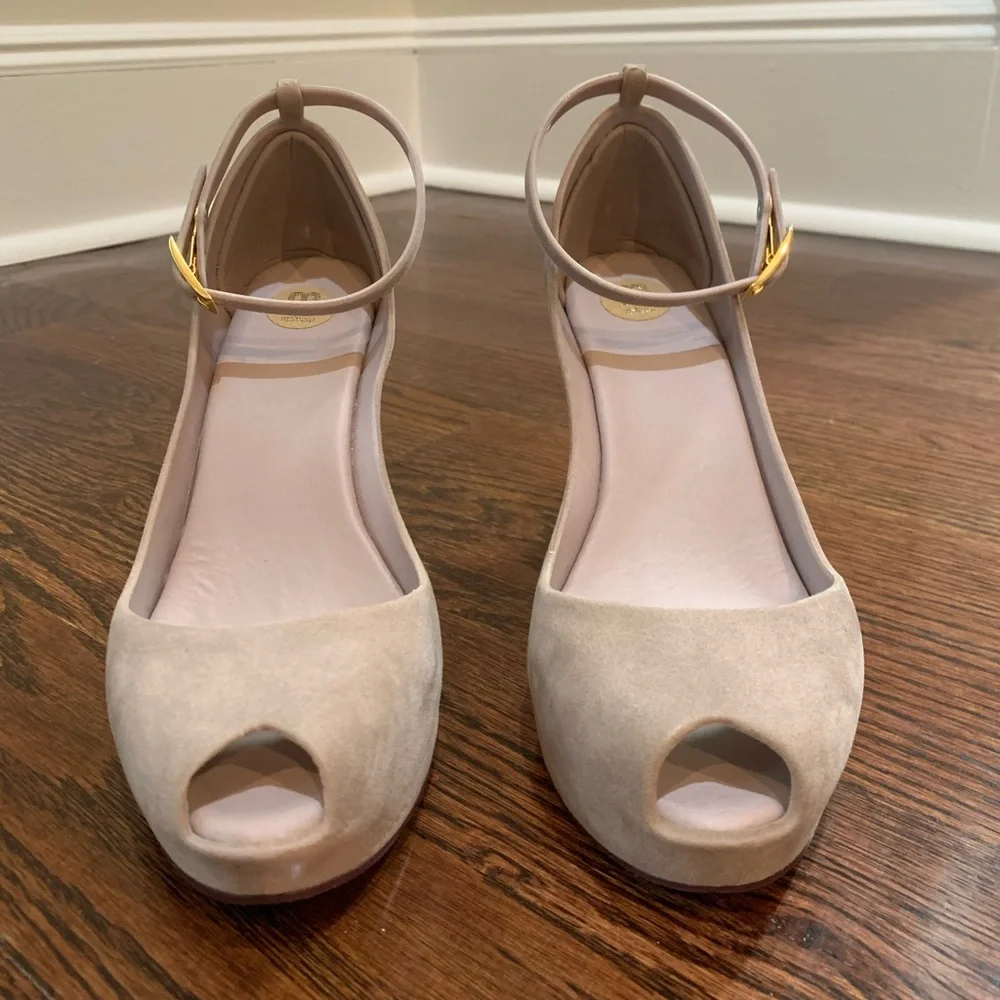 Melissa Beige/Taupe Suede Peep-Toe Wedge Sandals with Ankle Strap